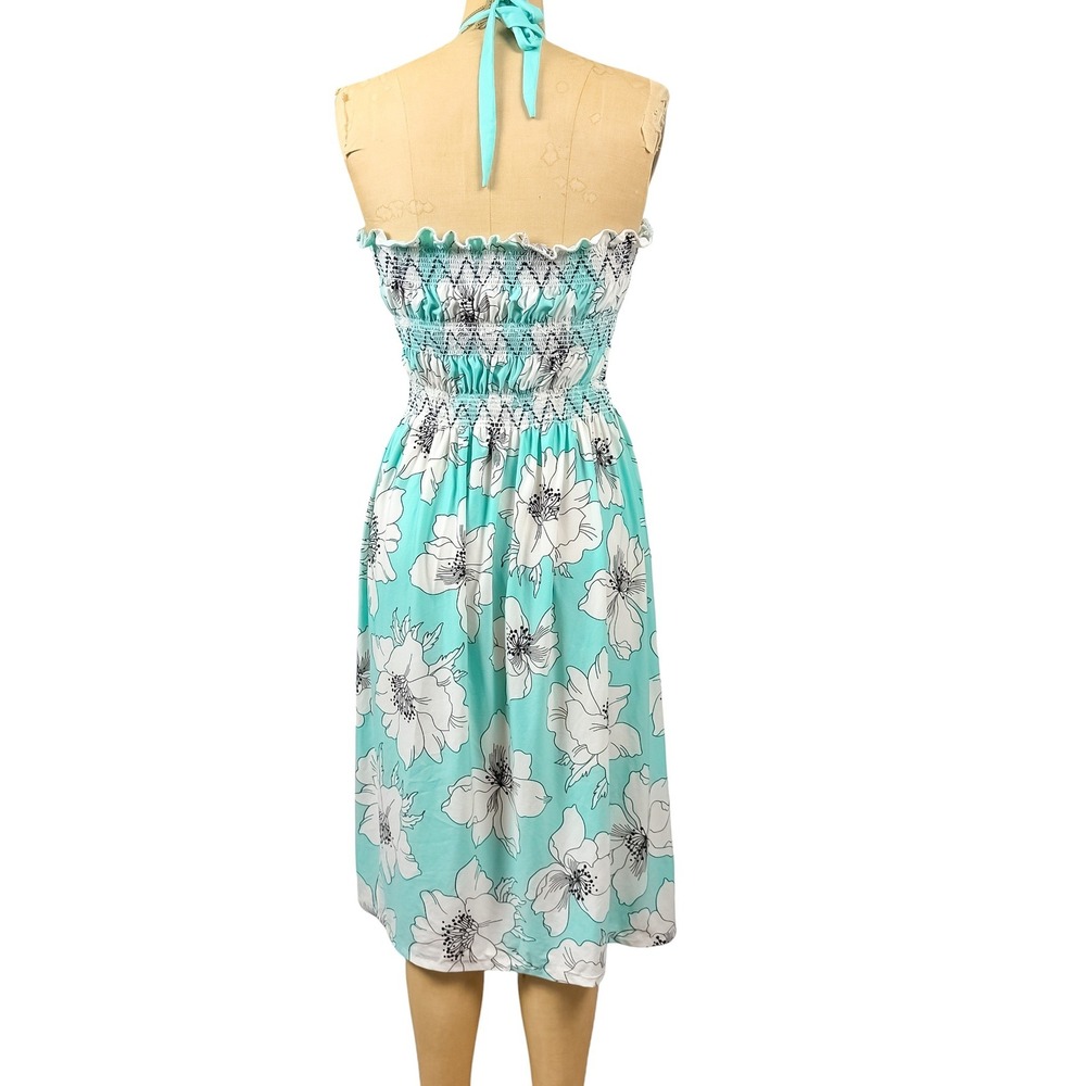2000s Floral Halter Dress Turquoise Smocked Waist Tropical Beachy Boho Size S - Picture 2 of 8